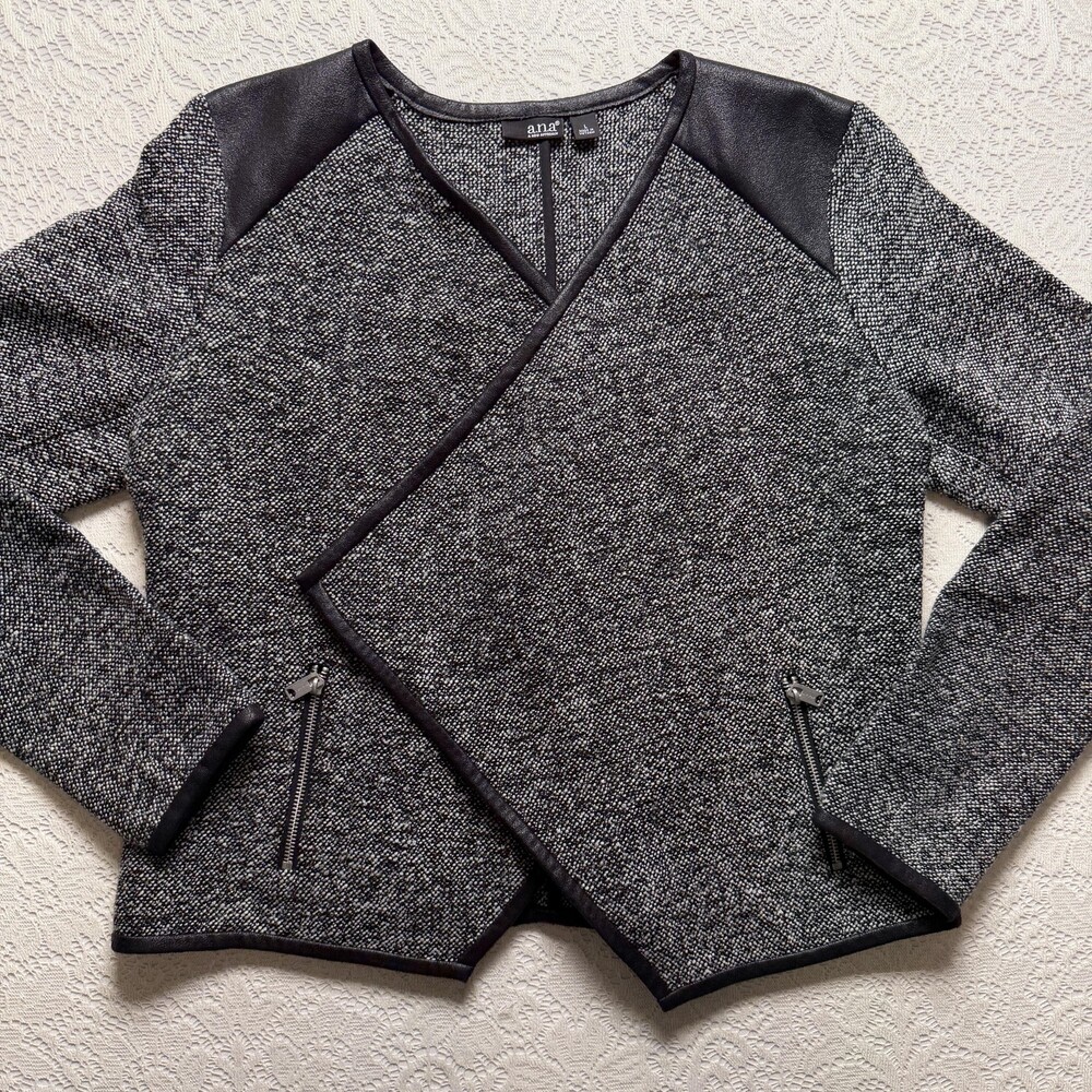 A.n.a A New Approach Jacket Womens L Gray Tweed Open Front Moto Zip Pockets